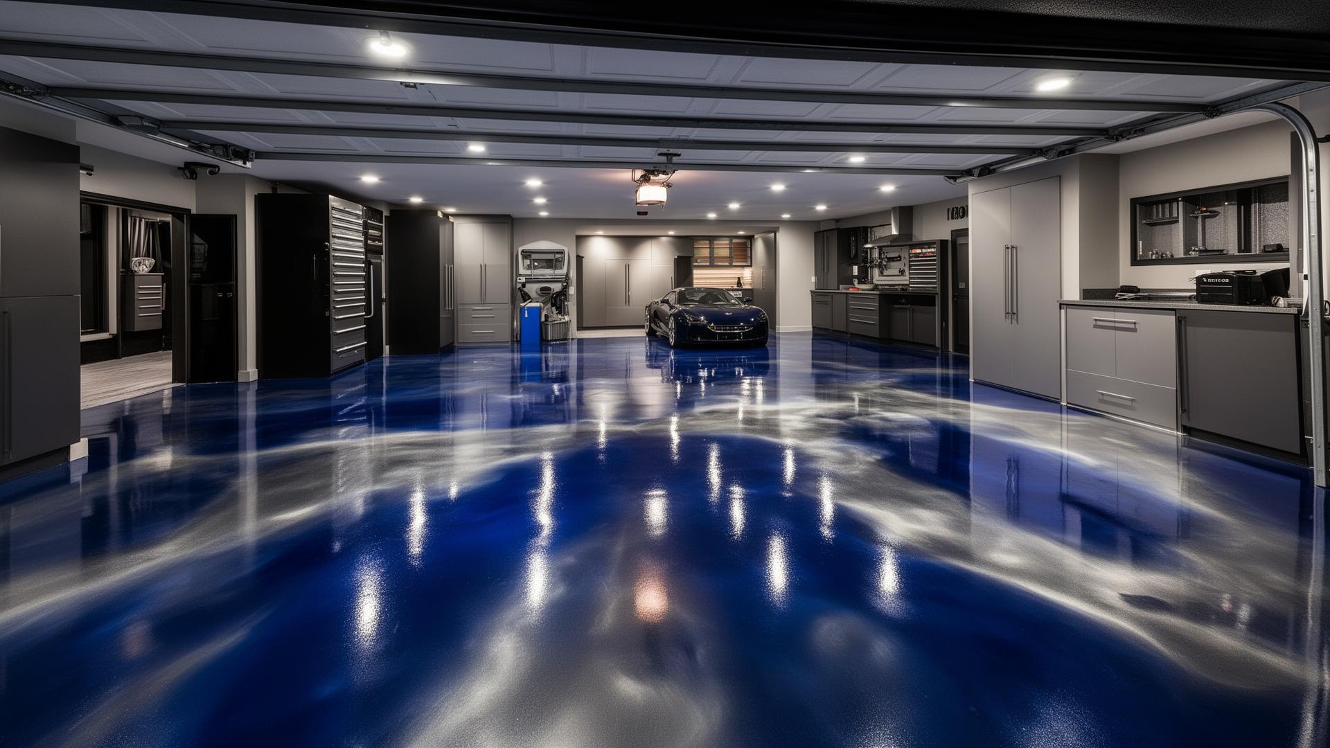 Premium metallic epoxy garage floor coating installed in a Rancho Cucamonga home